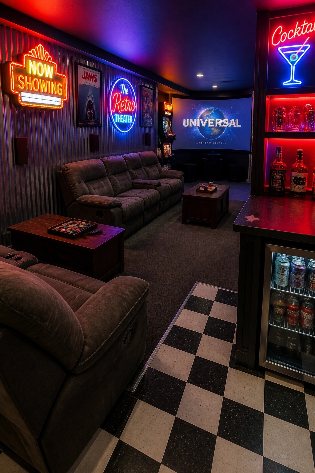 A finished basement room with brown recliner seating, a dark wood bar counter with a beverage fridge, neon signs on the walls, and a large projection screen in the background.