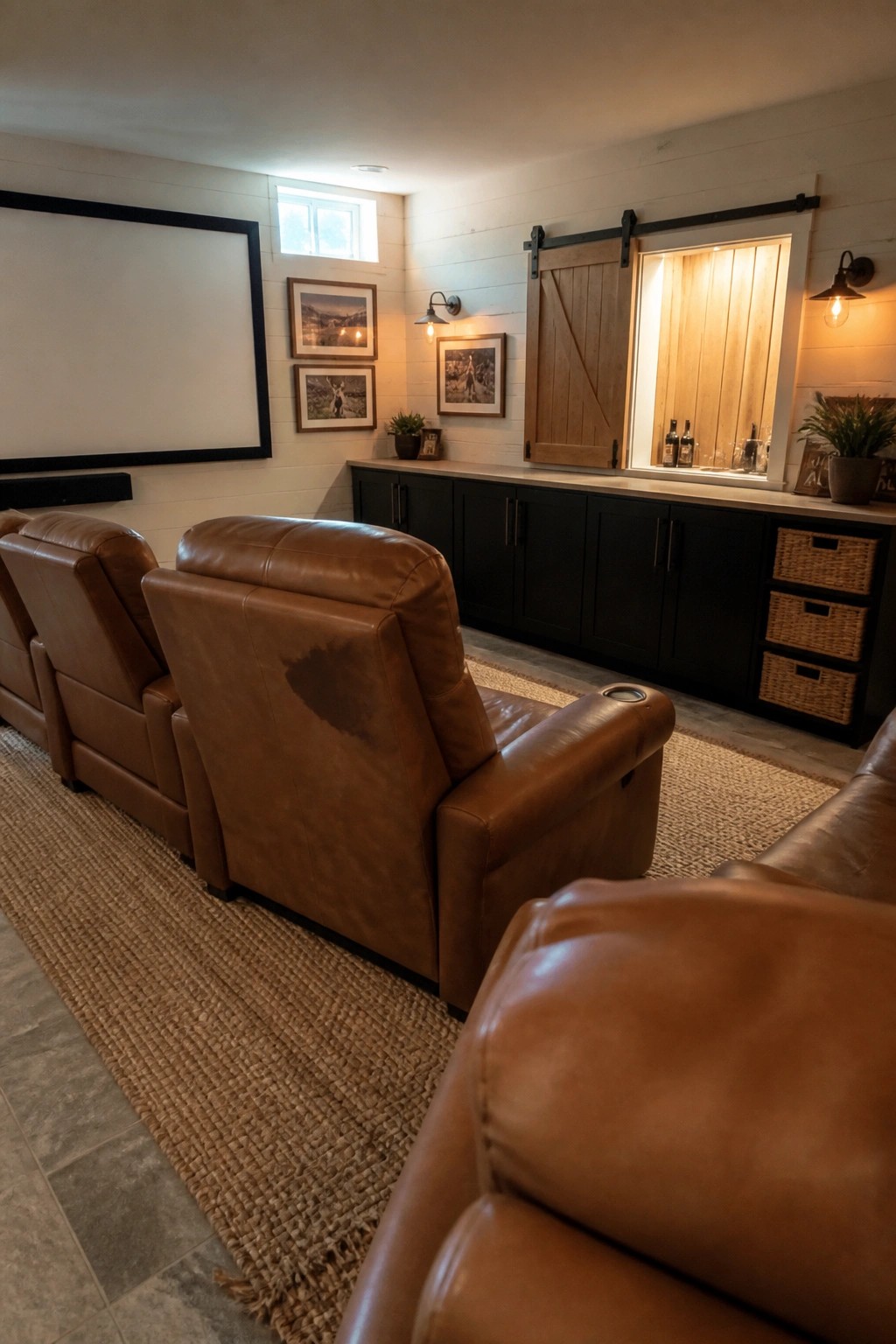 Three brown leather recliners face a large screen in a basement room with a long counter and sliding barn doors opening to a lit bar area.
