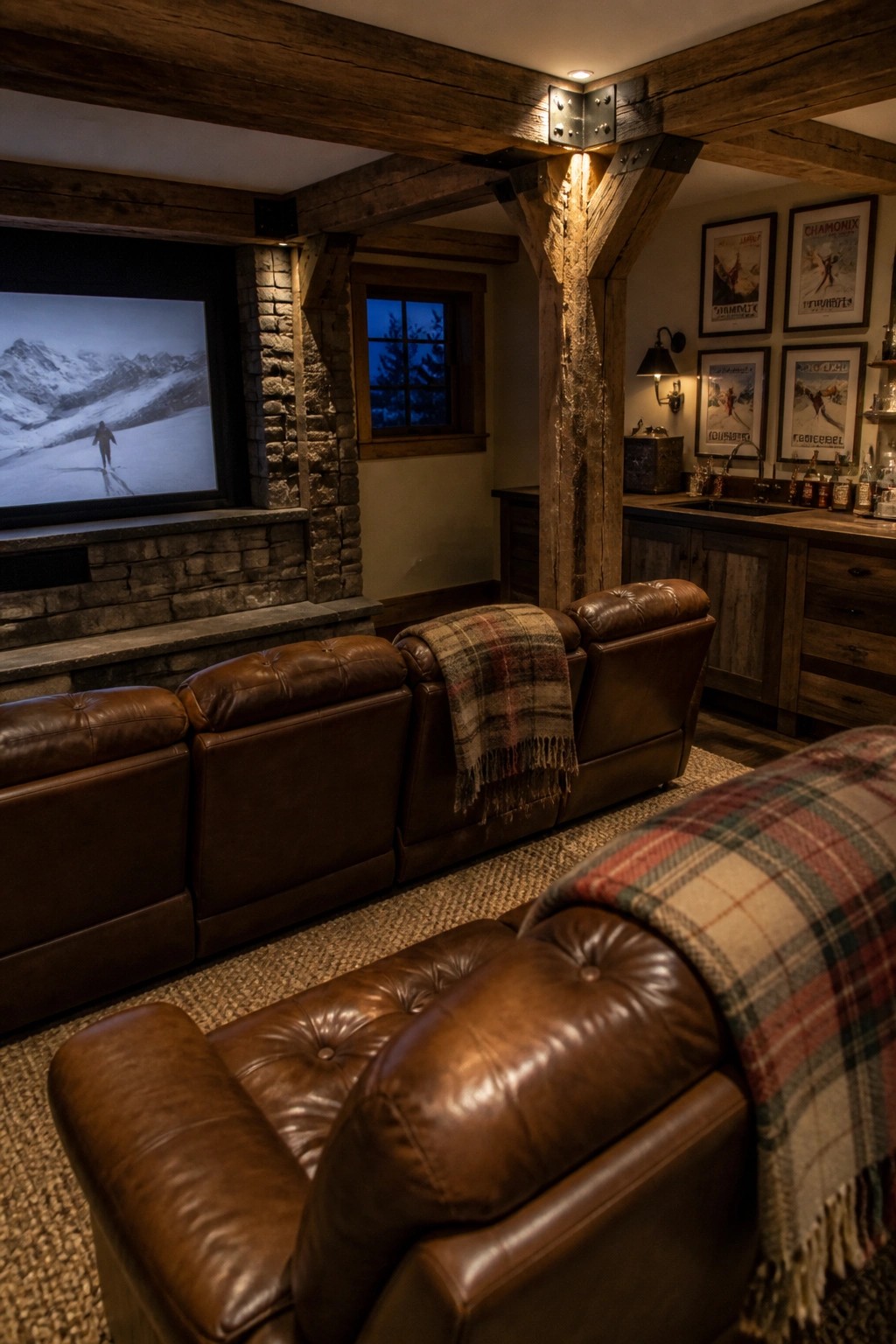 A basement room with rows of brown leather recliners facing a projection screen on a stone wall, a wooden bar area with sink and bottles on the right, and framed ski posters above the bar.