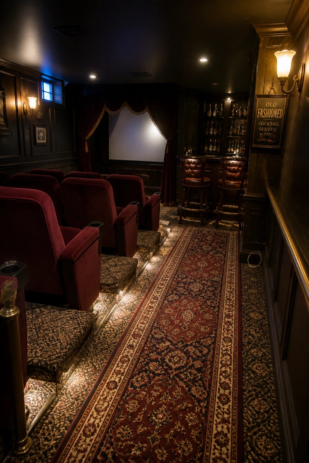 Dimly lit home cinema with red velvet seats, patterned carpet runner, and bar.