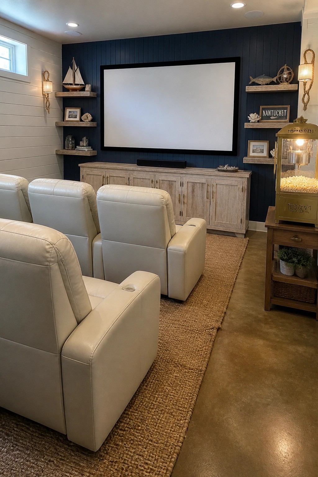 A basement home theater with three white leather recliners arranged on a jute rug facing a large screen on a navy wall, with a media console below and a popcorn machine to the side.