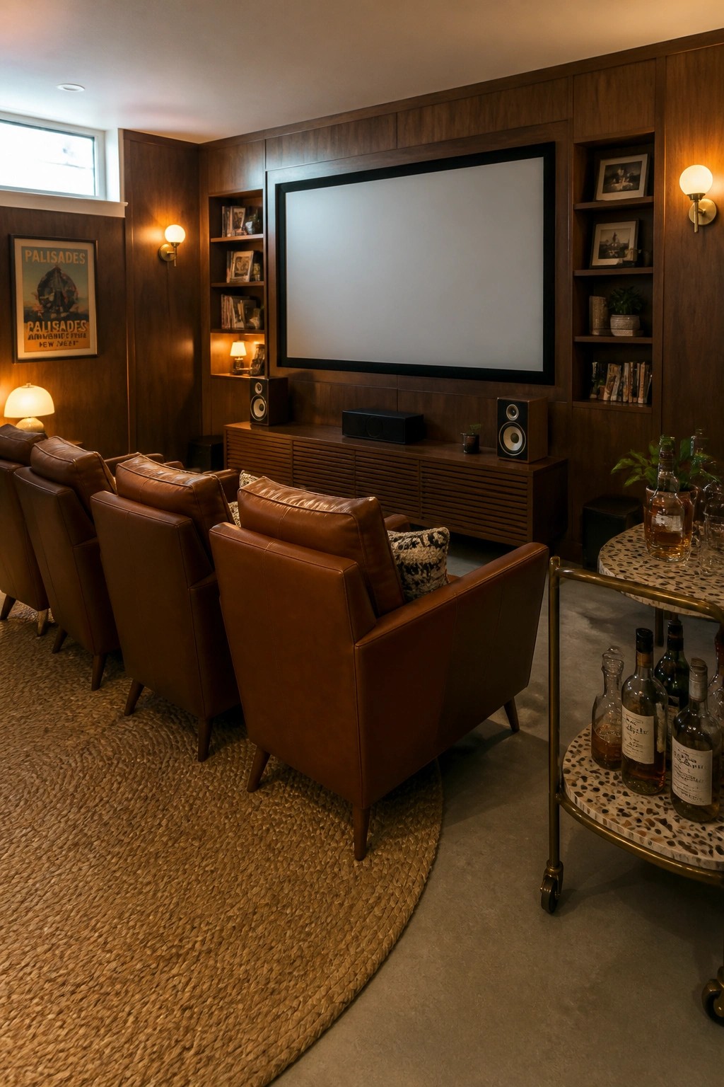 A basement media room with brown leather armchairs facing a large screen, dark wood built-in shelves and cabinets on both sides, and a rolling bar cart to the right.