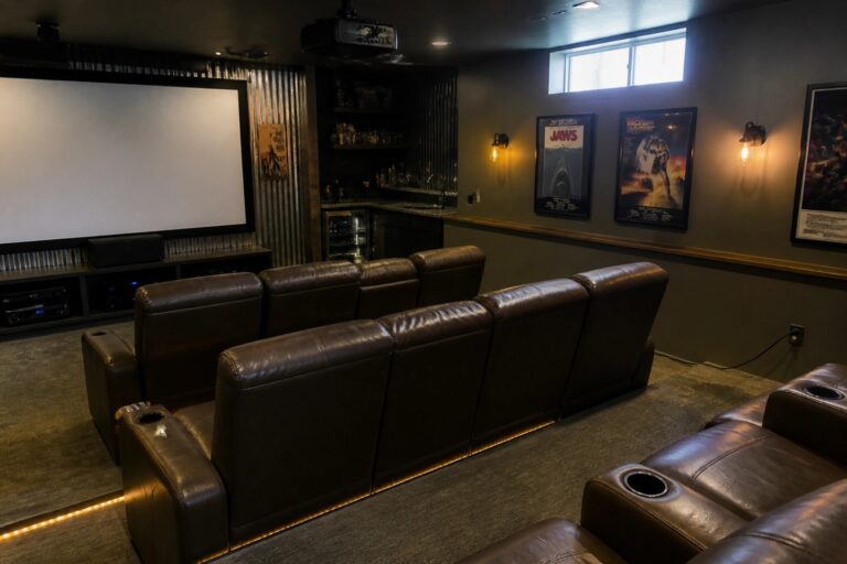 20 Stylish Basement Man Cave Ideas Designed Around Home Theater Seating Basement home theater with multiple rows of brown leather recliners on tiered platforms facing a projection screen, movie posters on the wall, and a bar area behind the seating.