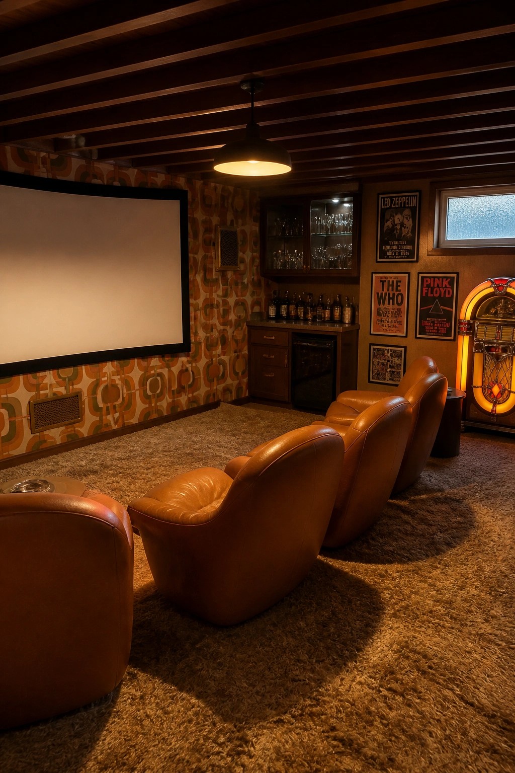 Retro home theater with brown leather chairs, shag carpet, jukebox and rock posters