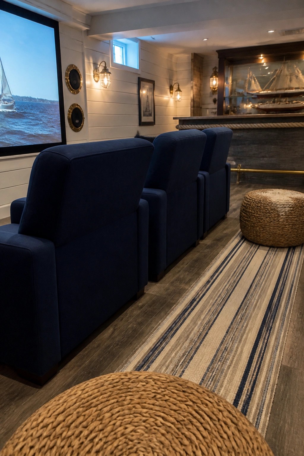 A basement room with four navy blue theater chairs arranged in a row facing a large projection screen, a striped rug on the wood floor, and nautical wall details.