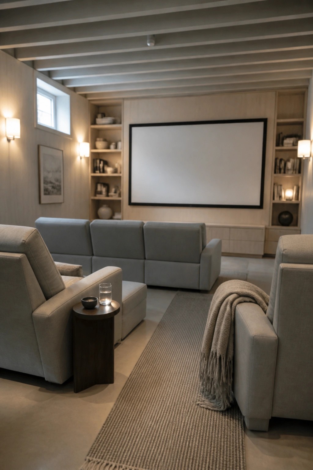 Modern media room with gray sofas, large screen, wooden shelves, and warm lighting.