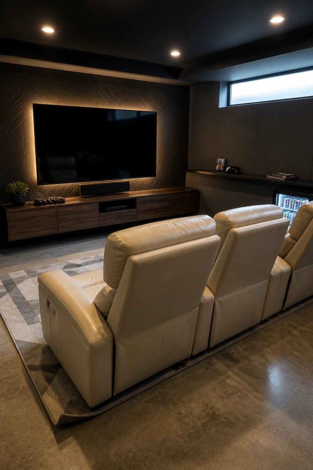 Three beige leather recliners face a large television mounted above a wooden media console in a dimly lit basement room.