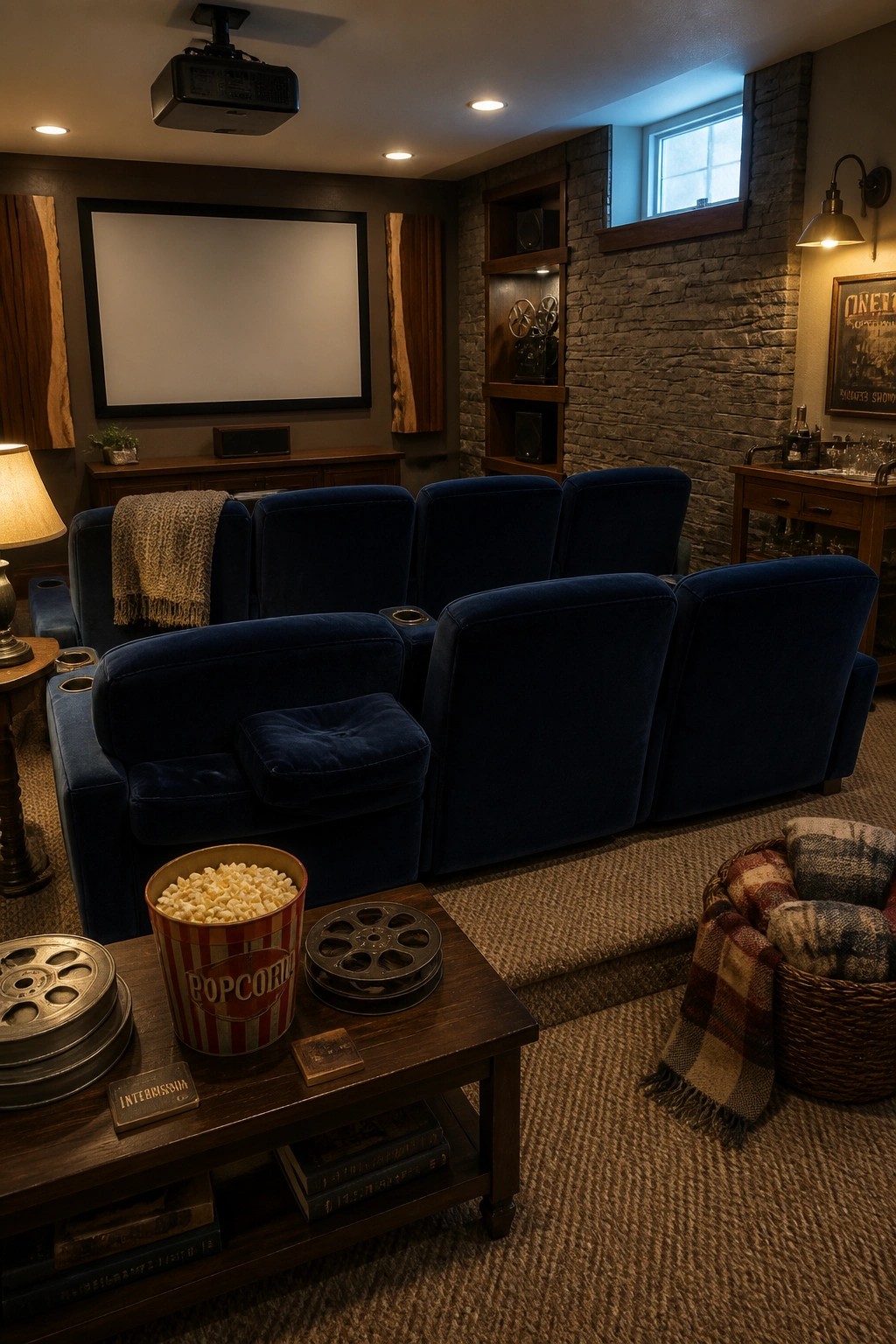 A basement home theater room with multiple rows of blue velvet seating facing a large projection screen, a wooden coffee table with popcorn and film reels in the foreground, and a brick wall with built-in shelves on the right.