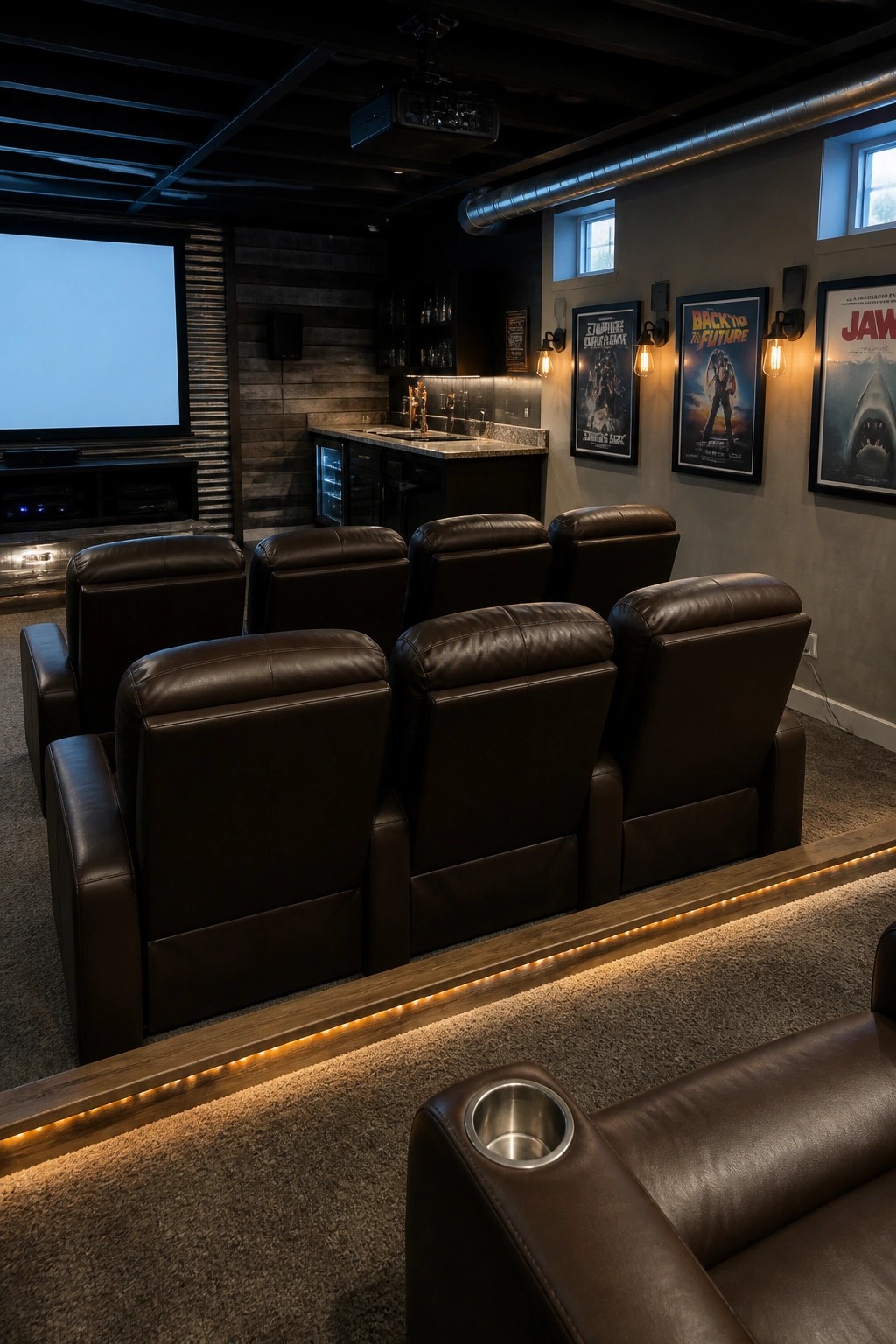 Basement home theater with multiple rows of brown leather recliners on tiered platforms facing a projection screen, movie posters on the wall, and a bar area behind the seating.
