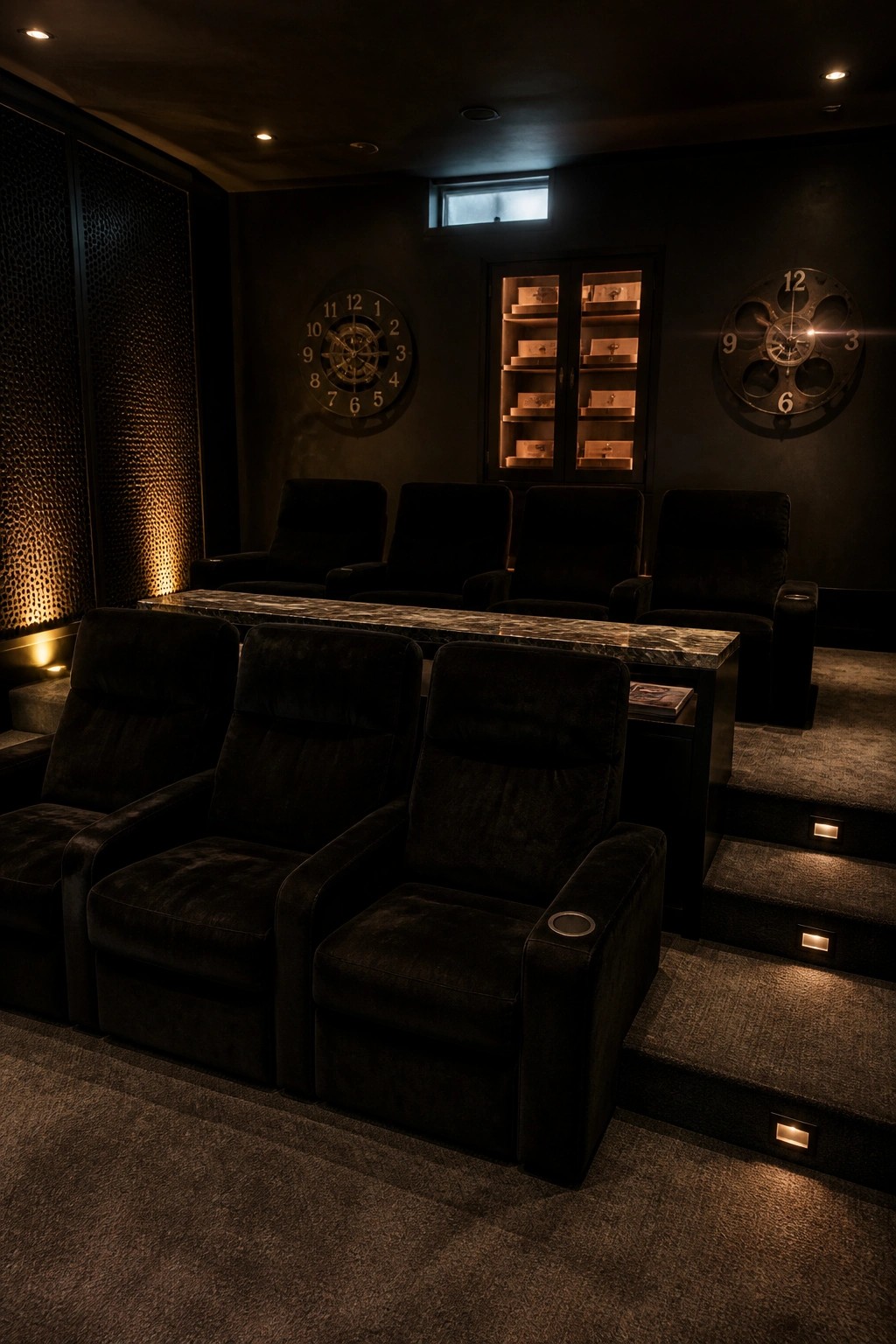 A dimly lit basement theater with two rows of dark velvet recliners on different levels, a long marble-topped table between them, carpeted steps on the right, and two large wall clocks.