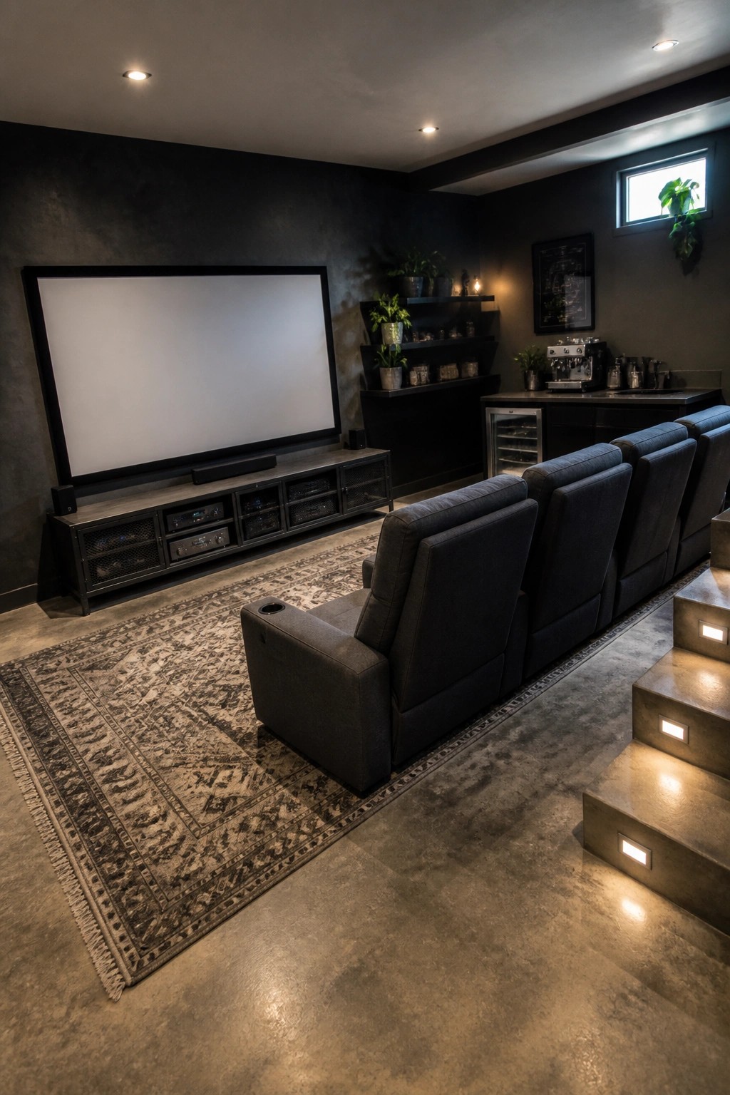 A basement home theater with dark walls, a large screen, media console, and multiple rows of gray recliners on a concrete floor with illuminated steps.