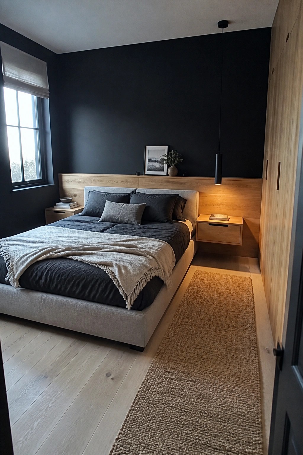 Modern bedroom with dark walls, wooden accents, platform bed, and woven rug.