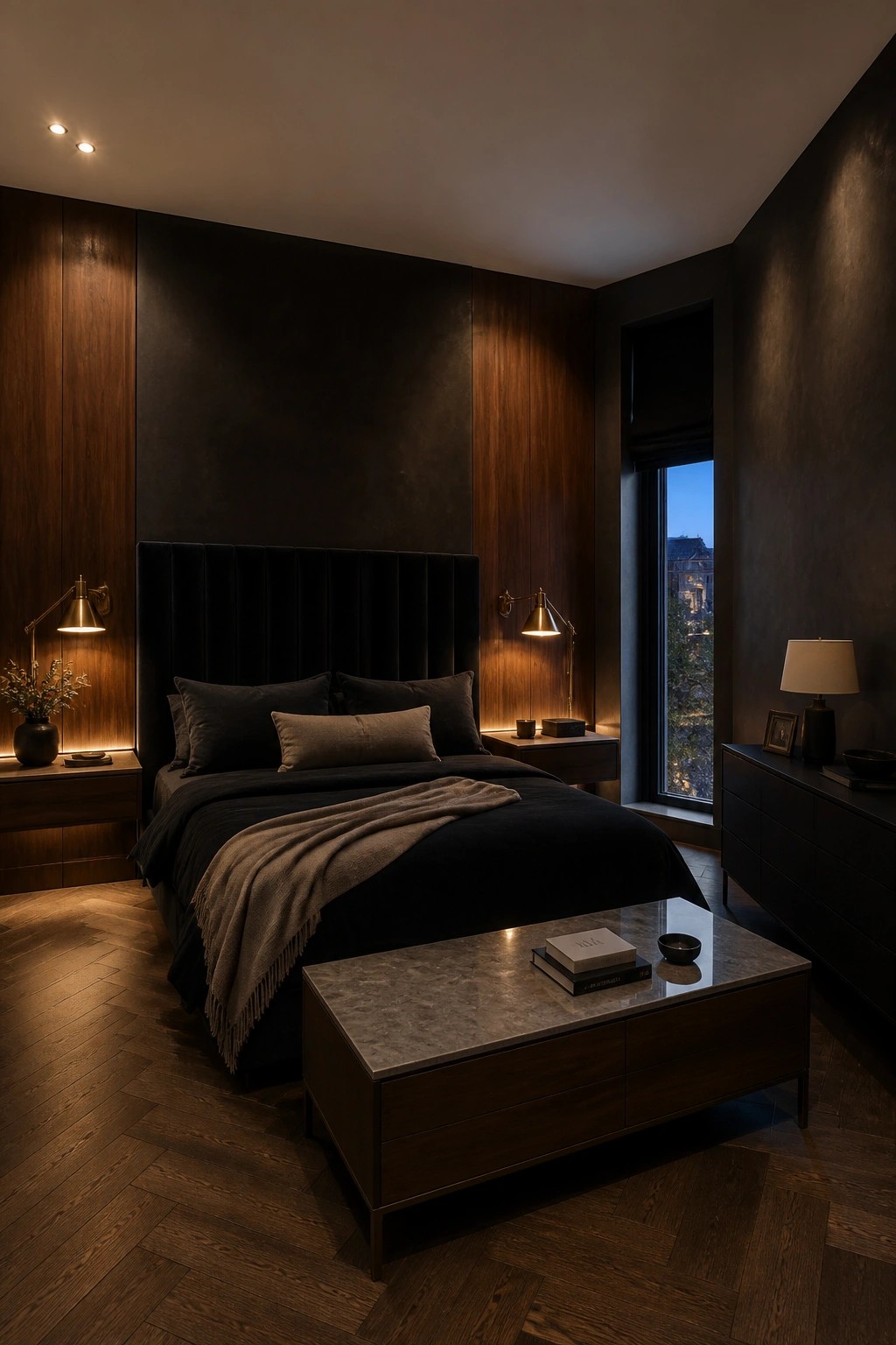 A modern bedroom with black walls, vertical wood paneling, a large bed with dark linens, brass wall lamps, and a marble-topped bench at the foot of the bed.