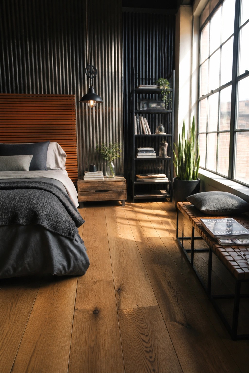 A bedroom interior featuring black vertically ribbed walls, a warm wood headboard and flooring, a bed with gray bedding, a black metal bookshelf, and a large window with sunlight.