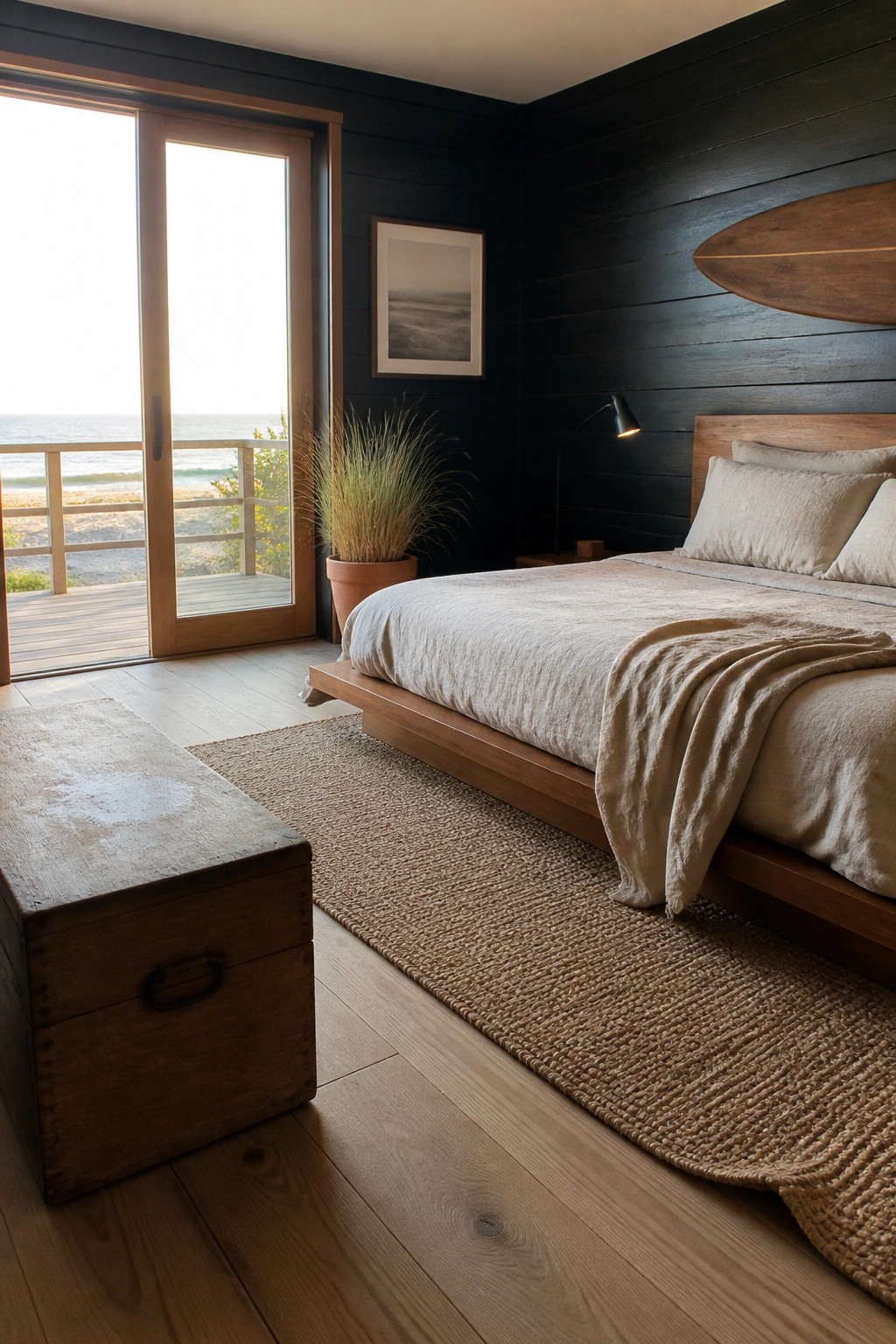Modern coastal bedroom with wooden bed, beige linens, surfboard, and ocean view