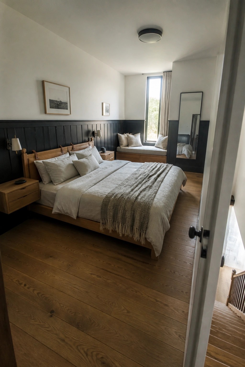 Minimalist bedroom with wooden bed, white linens, dark wainscoting, and window seat.