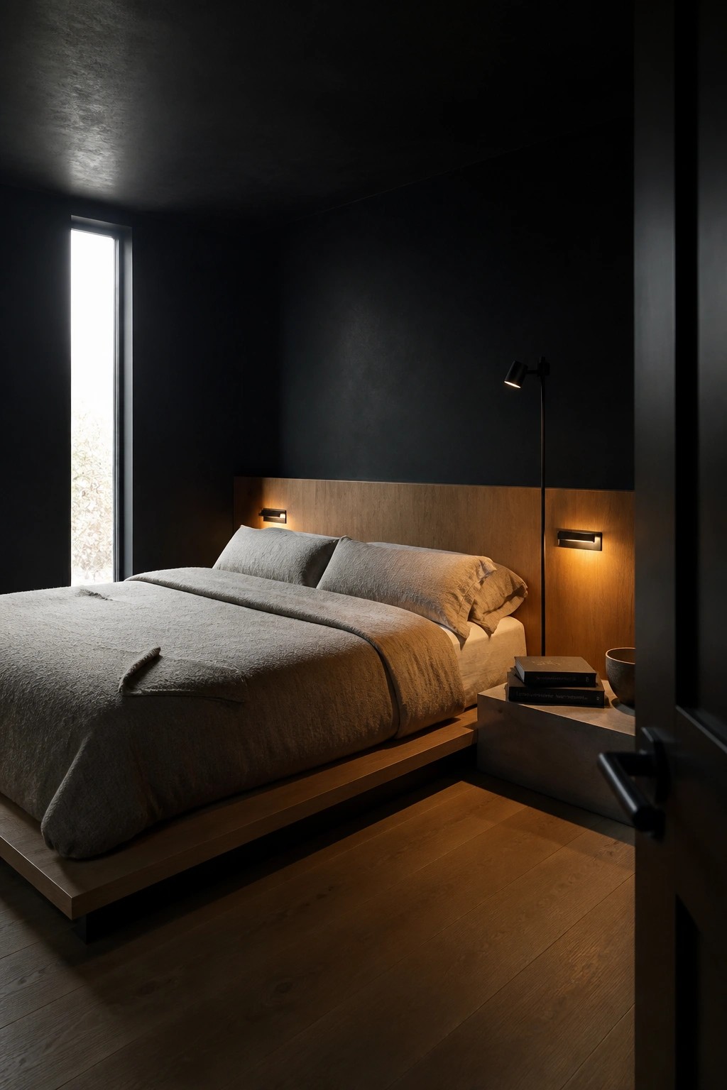 Minimalist dark bedroom with low wooden bed, gray linen bedding, and warm lighting.