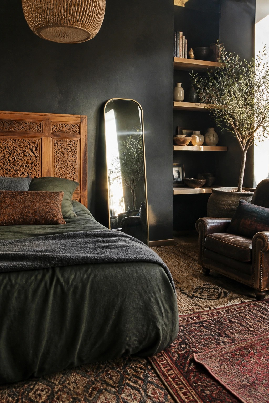 A bedroom with black walls, a carved wooden headboard, green bedding, a tall floor mirror, built-in shelves holding pottery and books, a leather armchair, and layered rugs.