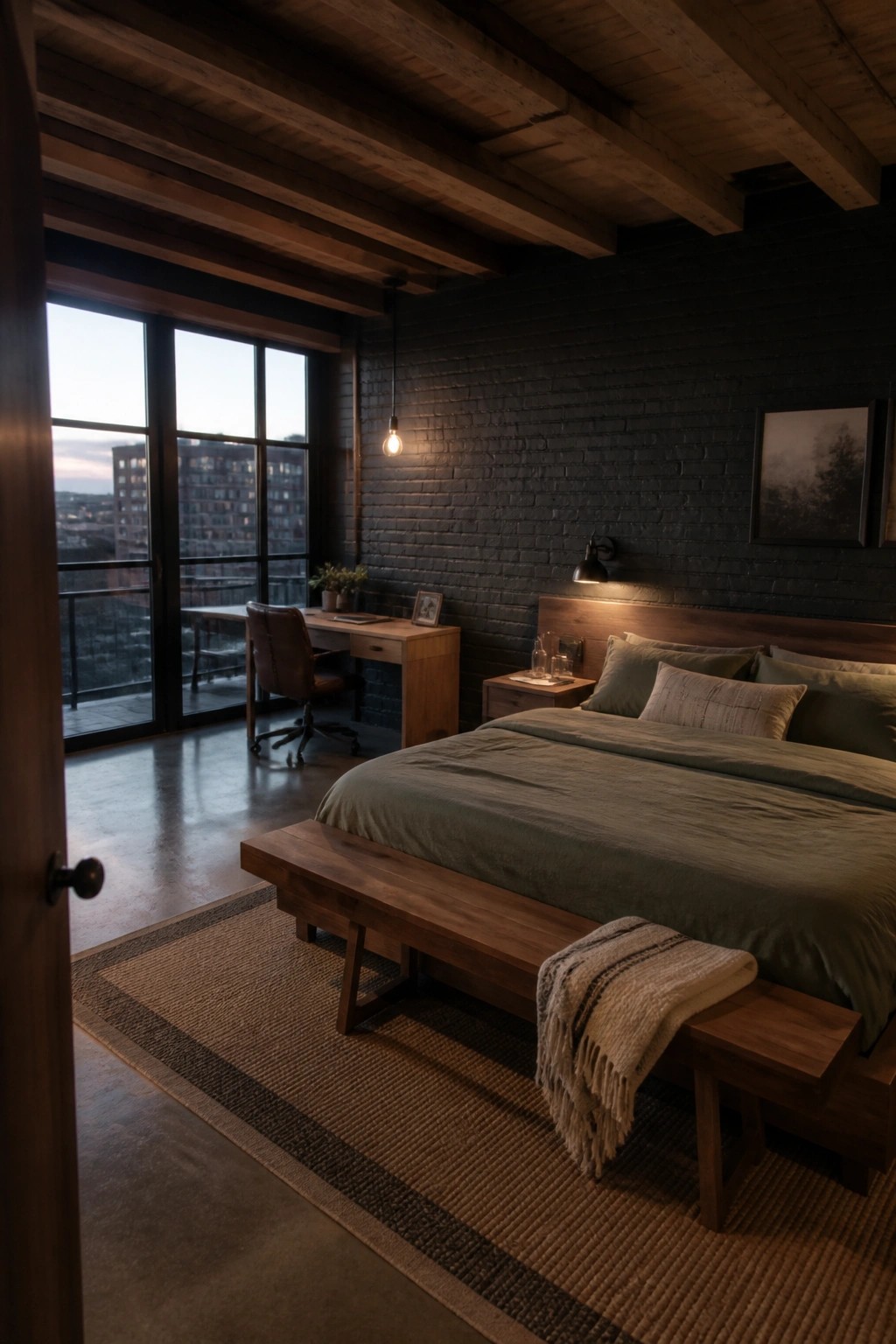 A bedroom interior with black brick walls, exposed wood ceiling beams, a large bed with green bedding, and a wooden desk area beside tall windows.