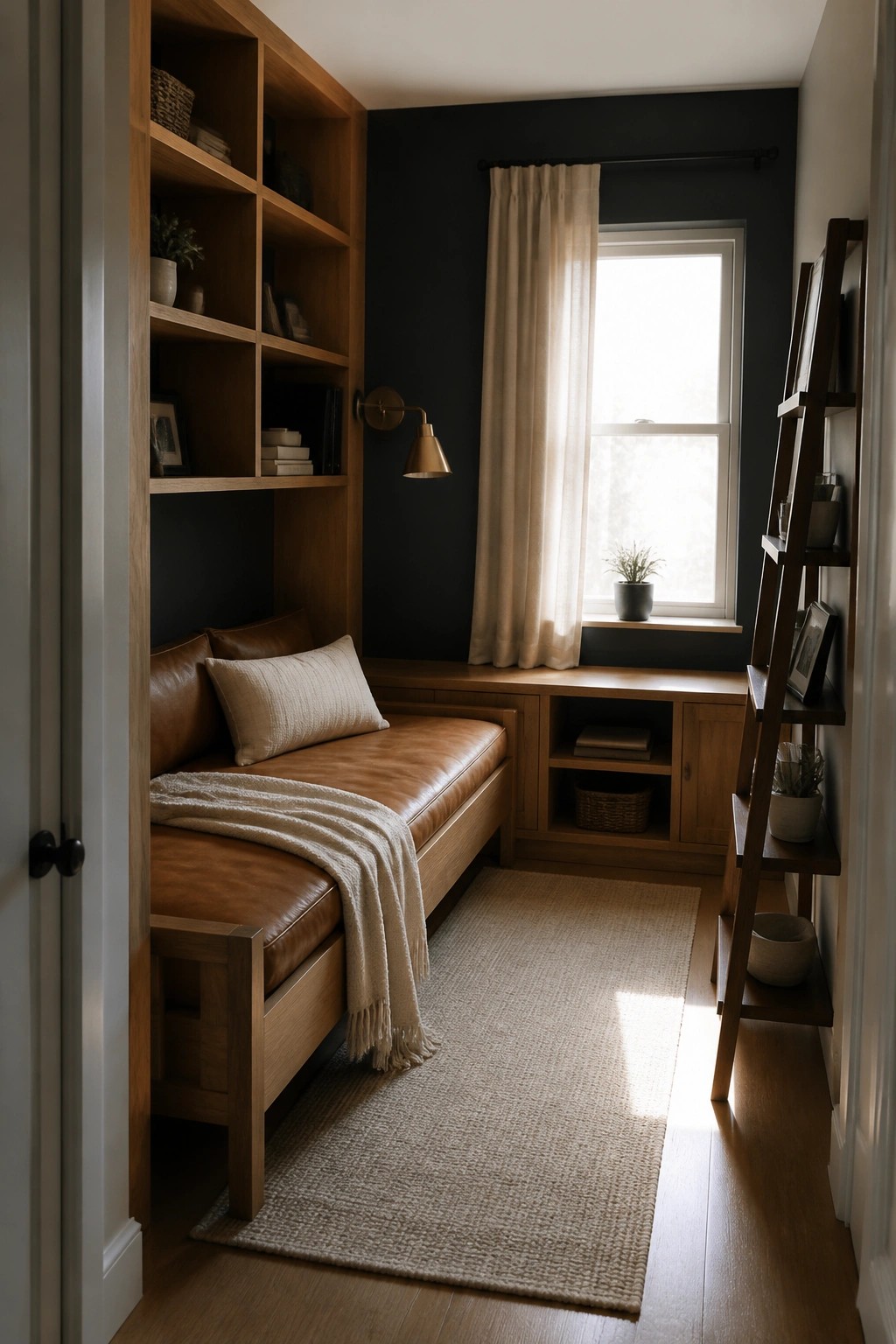 Cozy wooden daybed nook with brown leather cushions, woven rug, and ladder shelf.