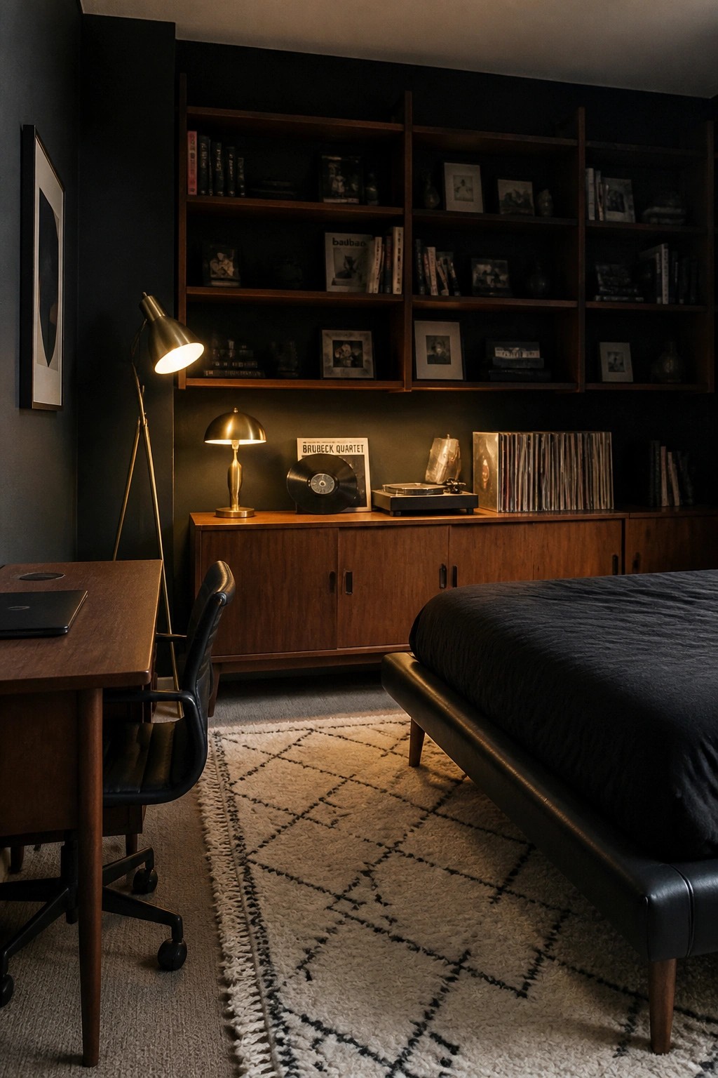 A bedroom with black walls, wooden built-in shelves above a cabinet unit, a wooden desk with black chair, and a bed on a light patterned rug.
