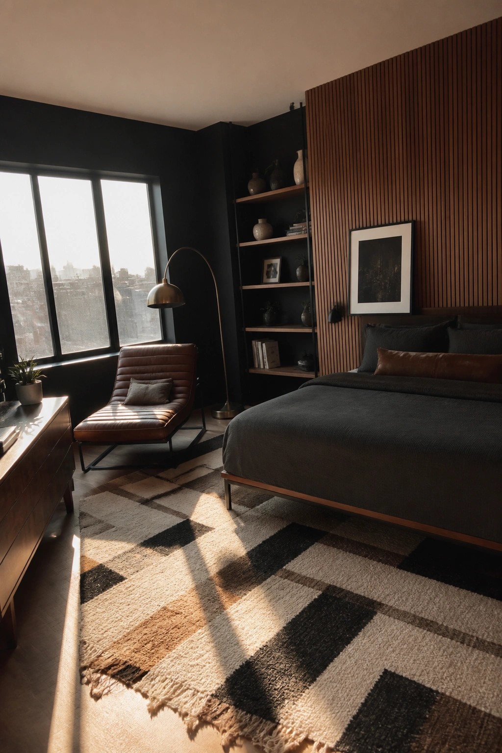 Modern dark bedroom with leather chair, geometric rug, bed, and city window