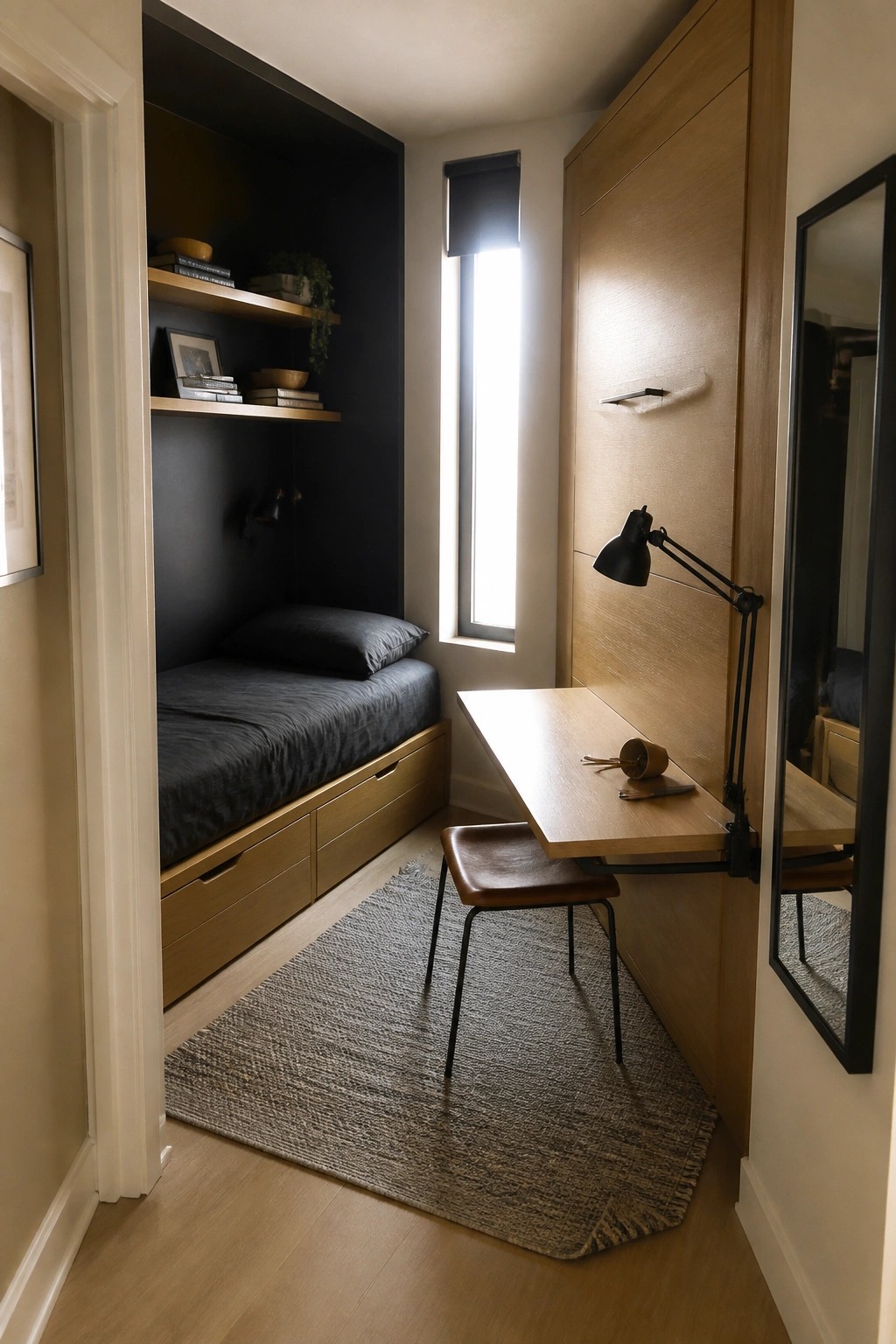 Modern nook with built-in bed, fold-down desk, tall window, mirror, and woven rug.