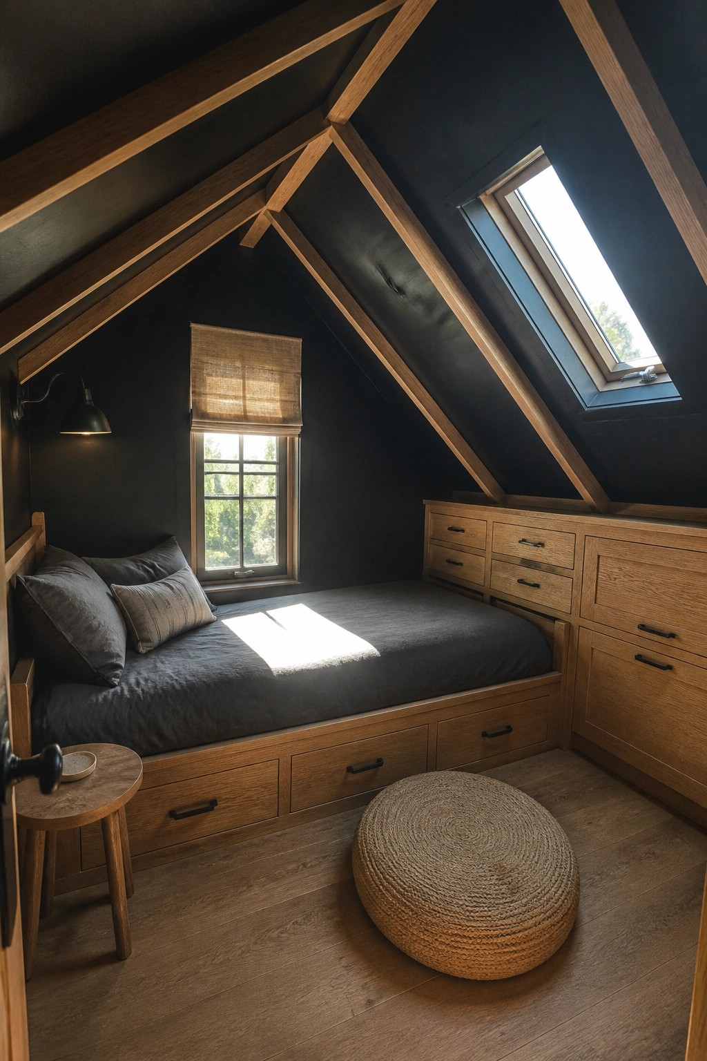 A bedroom with black walls and exposed wood beams shows a bed with built-in wooden drawers underneath and beside it, a round woven pouf on the floor, and a skylight on the right.