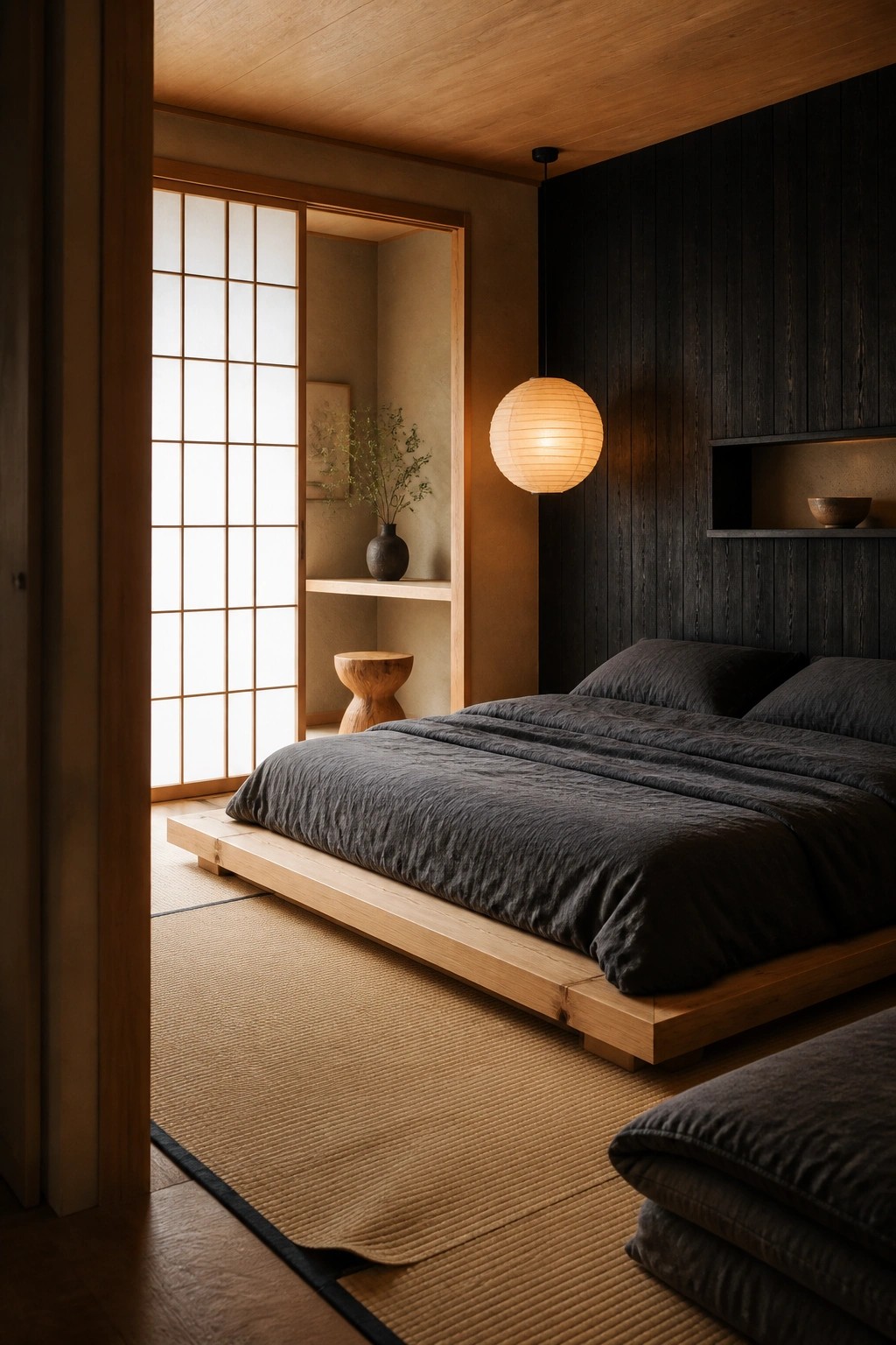 A bedroom interior with dark vertical wood walls, a low light wood platform bed with dark bedding, a shoji screen, and a round paper lantern.