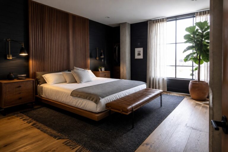 A modern bedroom with a wooden bed against a wall that combines vertical wood paneling and black paint, a brown leather bench at the foot, and a large window with sheer curtains on the left.