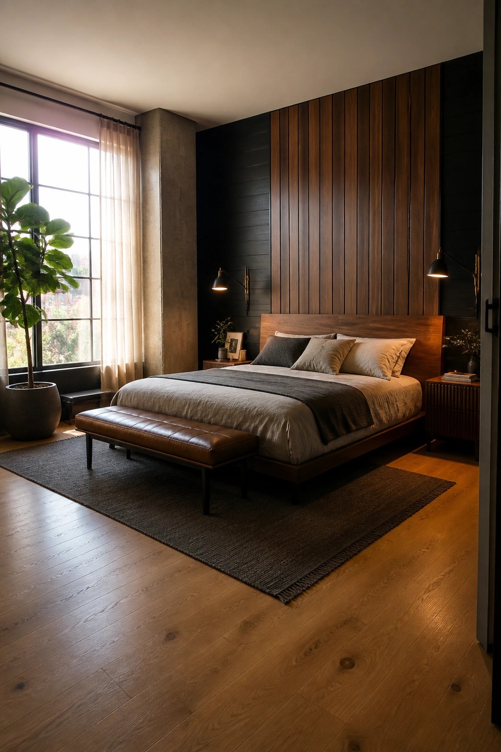 A modern bedroom with a wooden bed against a wall that combines vertical wood paneling and black paint, a brown leather bench at the foot, and a large window with sheer curtains on the left.