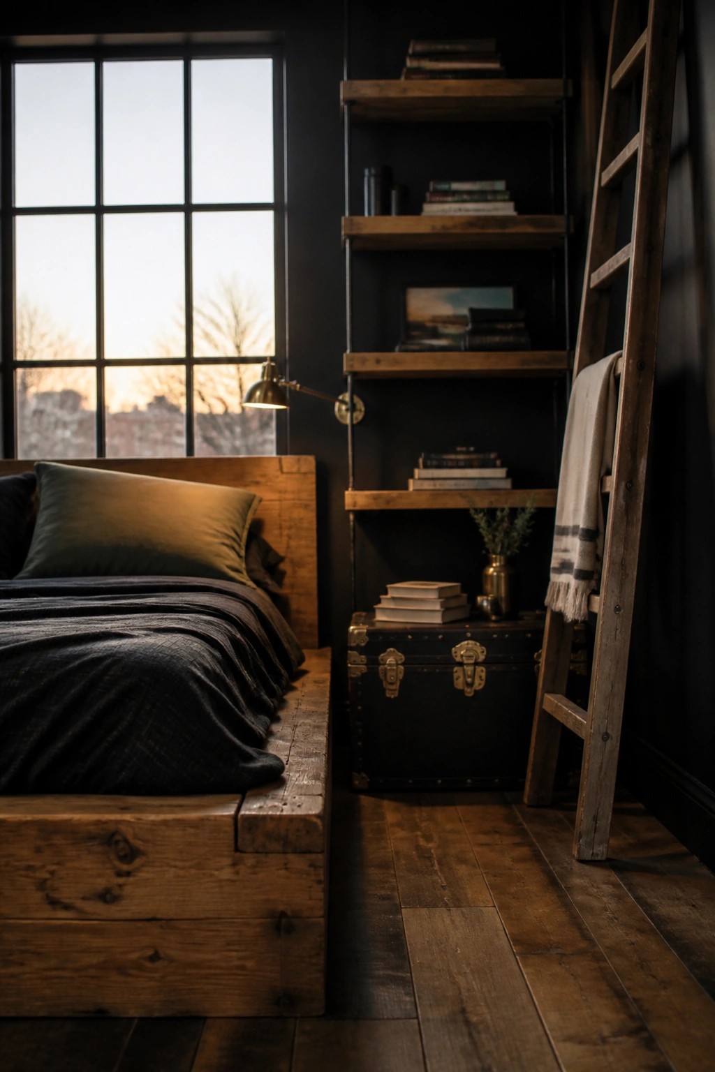 A bedroom interior with black walls, a low wooden bed with dark bedding, floating wooden shelves holding books, a black trunk at the base of the shelves, and a wooden ladder leaning on the right.