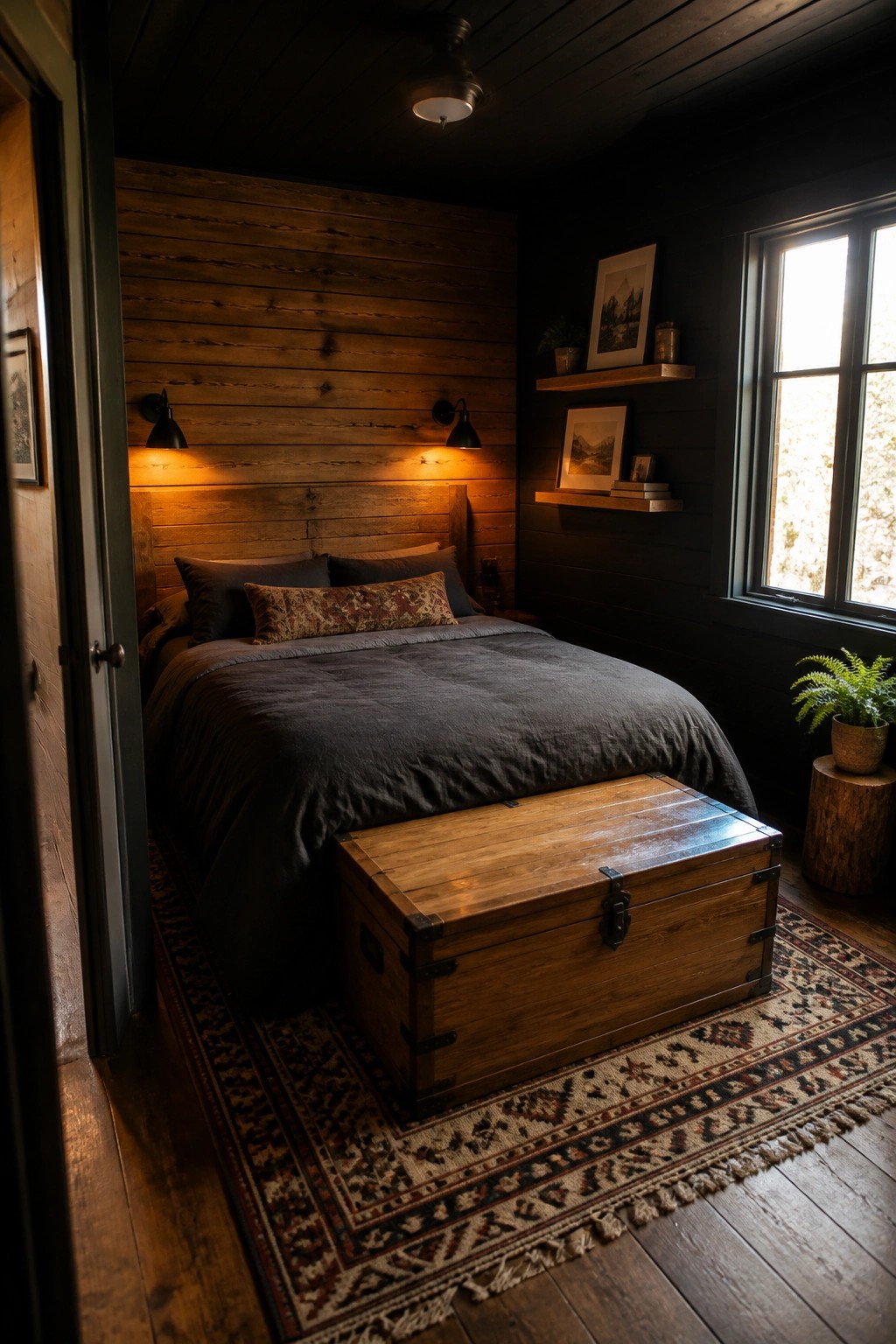 A bedroom with black walls, a wooden headboard and bed frame, dark bedding, a large wooden chest at the foot of the bed, wall sconces, and a window on the right.