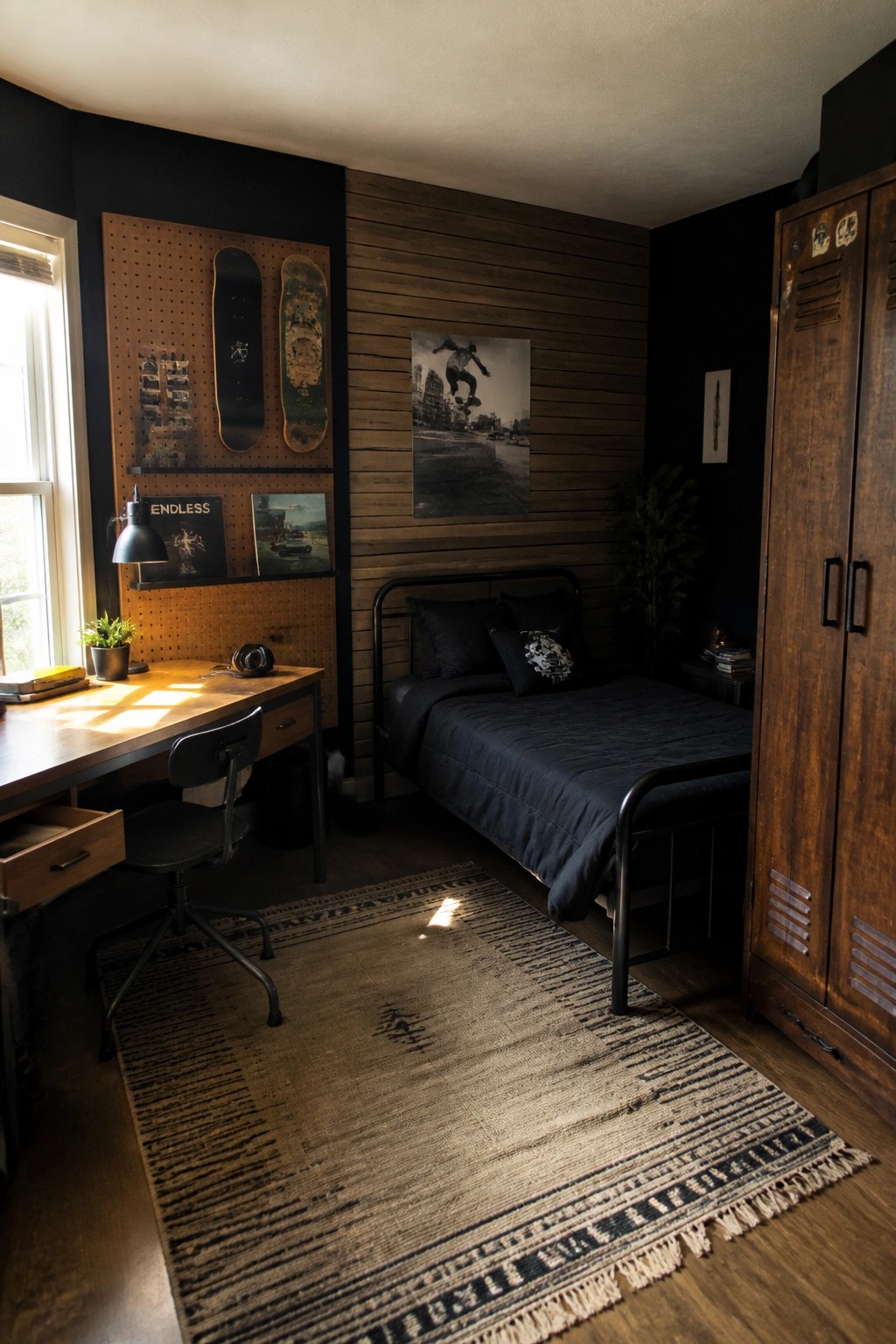 A bedroom with black walls, a wooden desk on the left, a metal bed with dark bedding, and a wooden pegboard holding two skateboards.