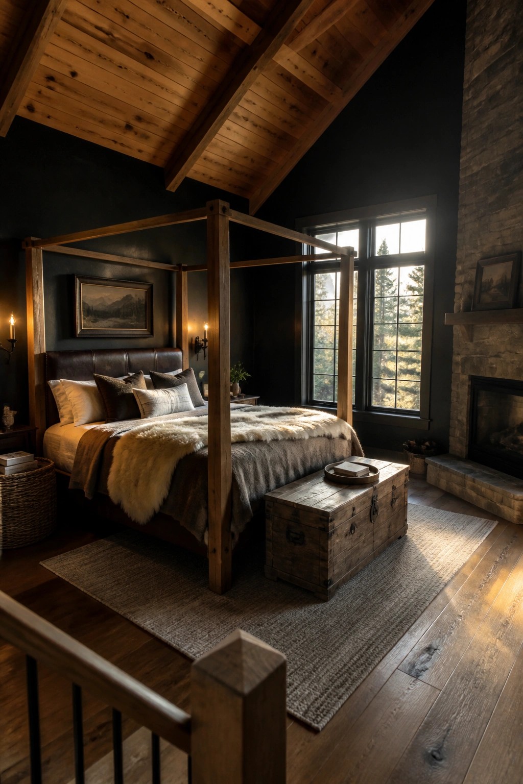 A bedroom with black walls, a wooden four-poster bed with fur throw, a wooden chest at the foot, and a stone fireplace.