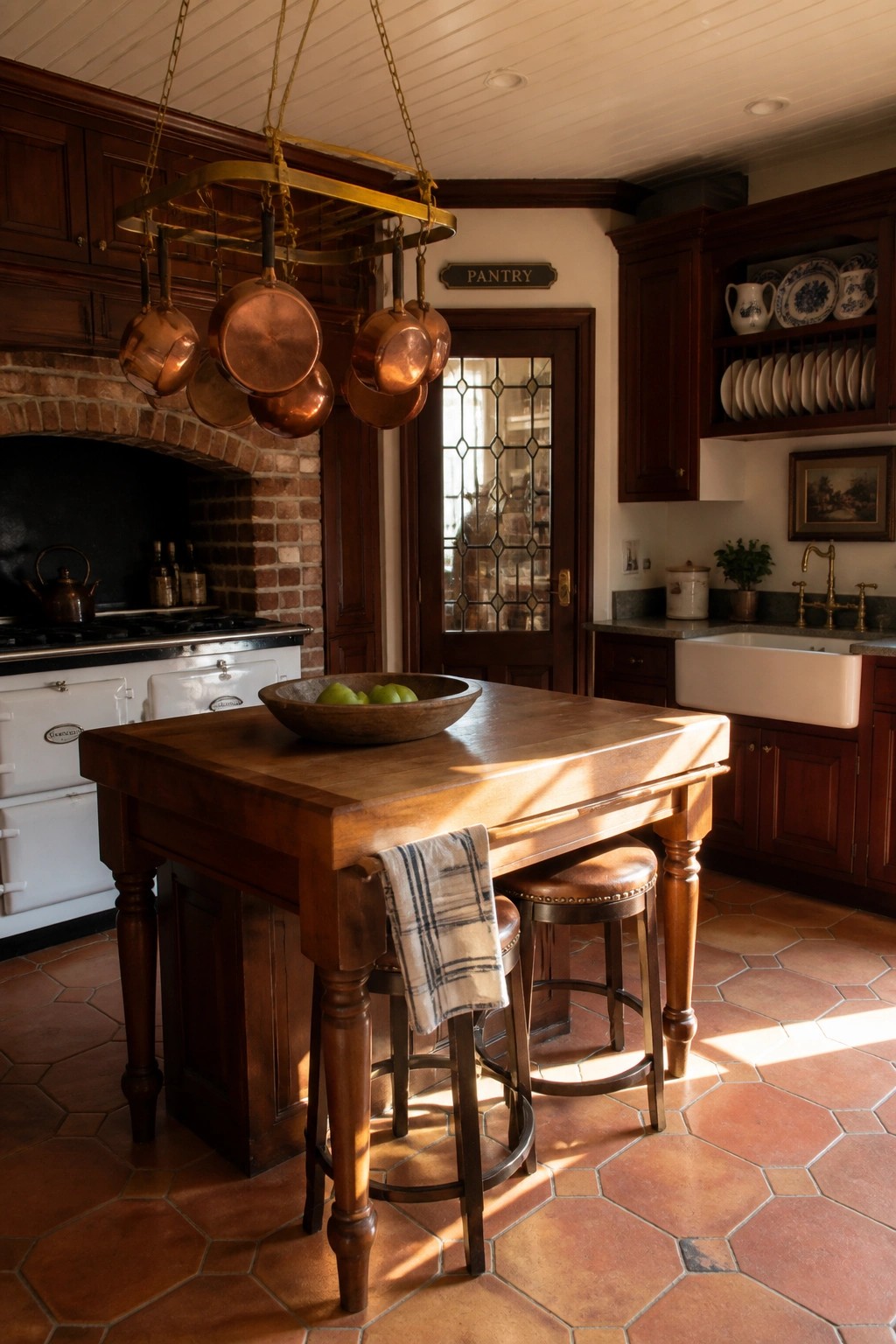 A kitchen interior with a large wooden island, two bar stools, hanging copper pots, dark wood cabinetry, a brick range area, and terracotta tile flooring.