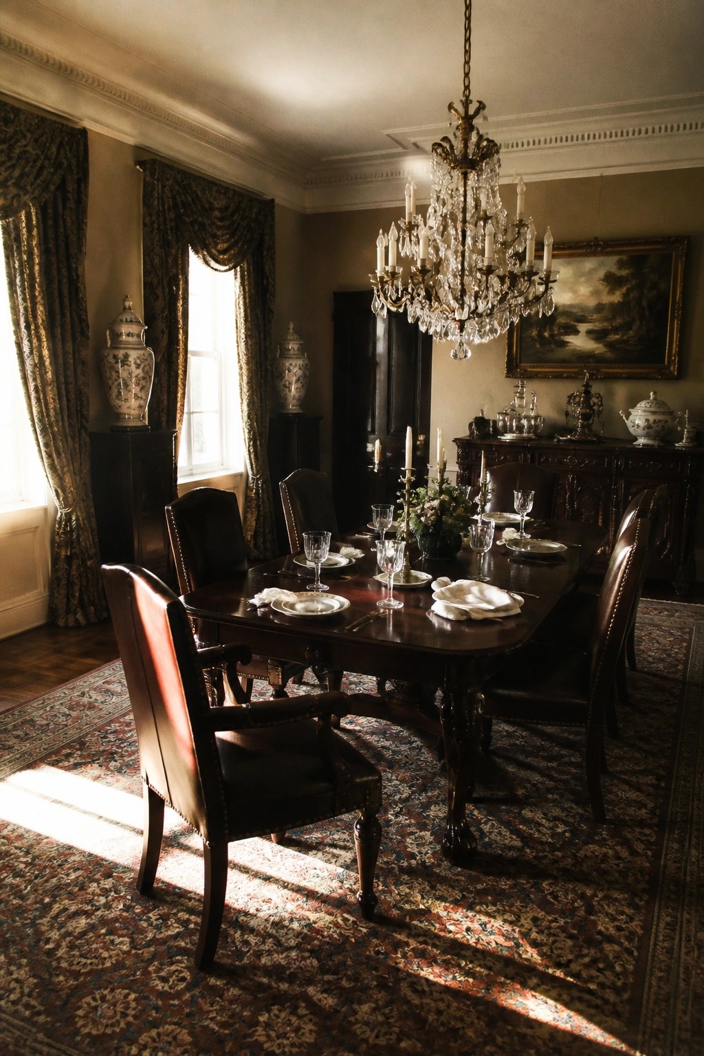 A formal dining room with a long dark wood table, leather chairs, a crystal chandelier, and traditional rugs on the floor.