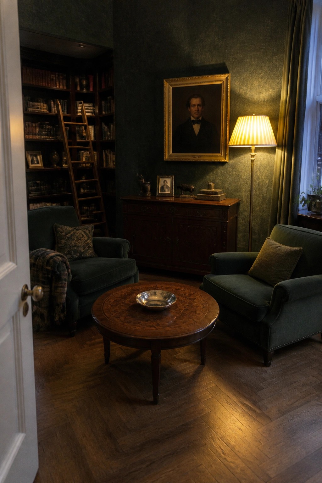 A dimly lit traditional study with dark green walls, built-in bookshelves holding books and a wooden ladder, two green armchairs around a round wooden table, a large portrait above a wooden cabinet, and a floor lamp.