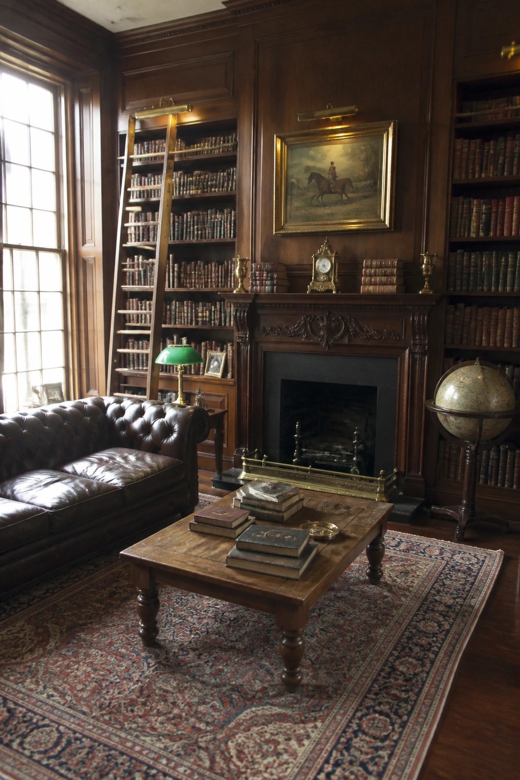 A classic study featuring dark wood built-in bookshelves, a brown leather sofa, a wooden coffee table with books, and a fireplace with a painting above it.