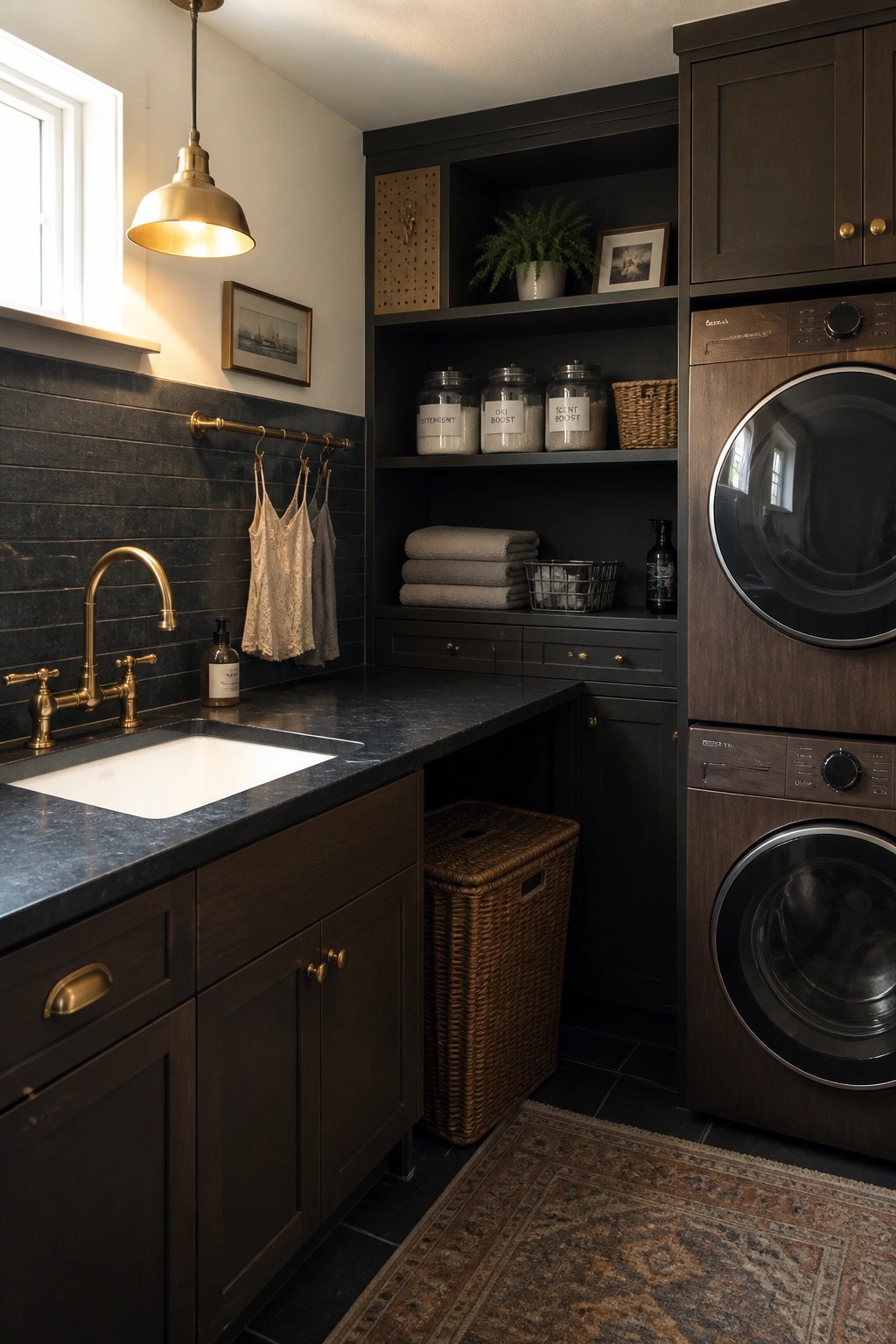 A laundry room with dark wood cabinetry, a white sink, brass faucet, stacked washer and dryer, and open shelves holding jars and towels.