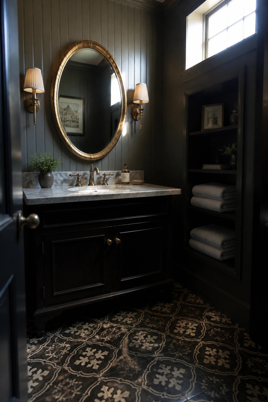 Dark bathroom with black vanity, gold oval mirror, marble sink, and patterned floor.