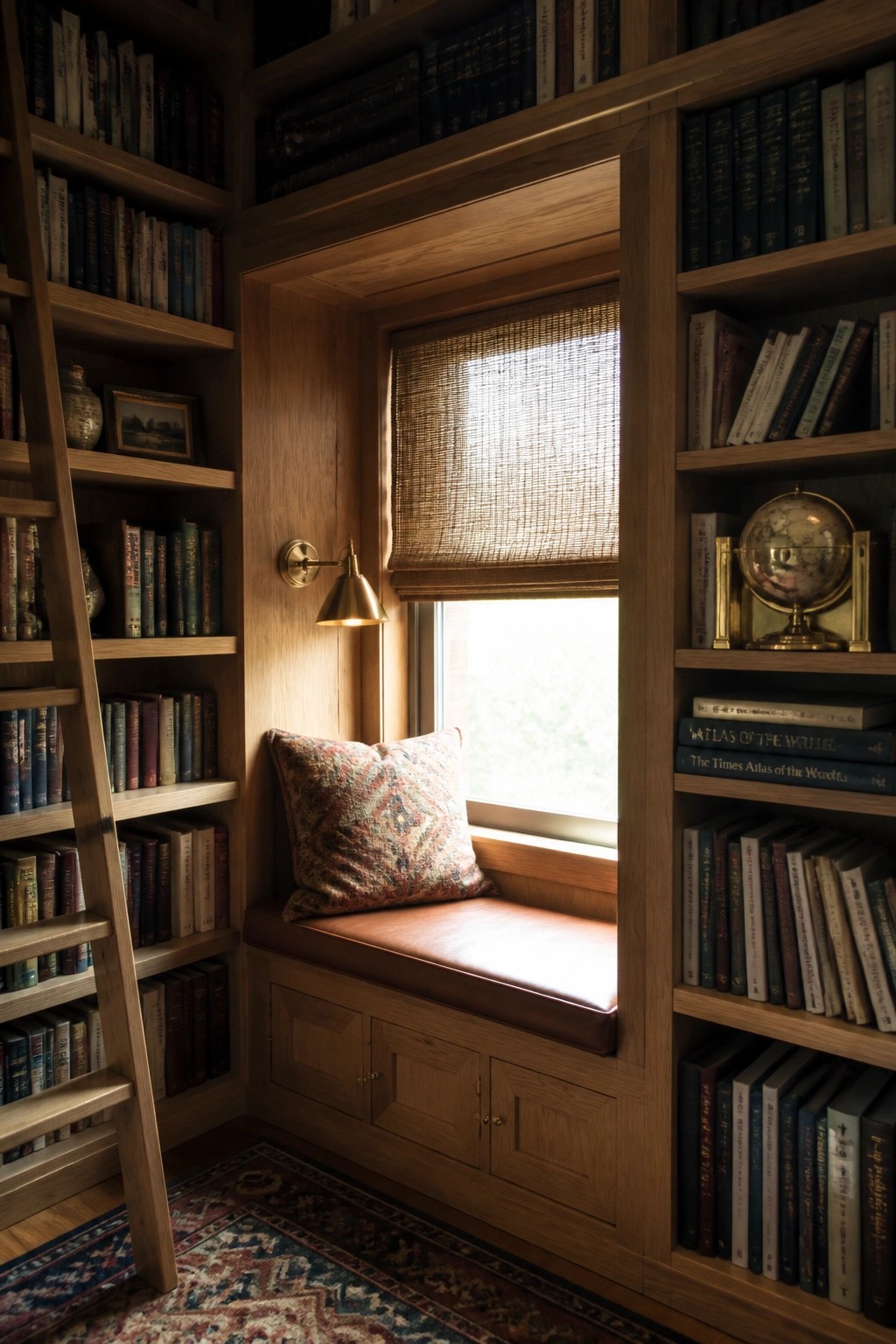 A built-in wooden window seat with brown leather cushion sits between tall bookshelves in a library, with a brass wall lamp and woven shade on the window.