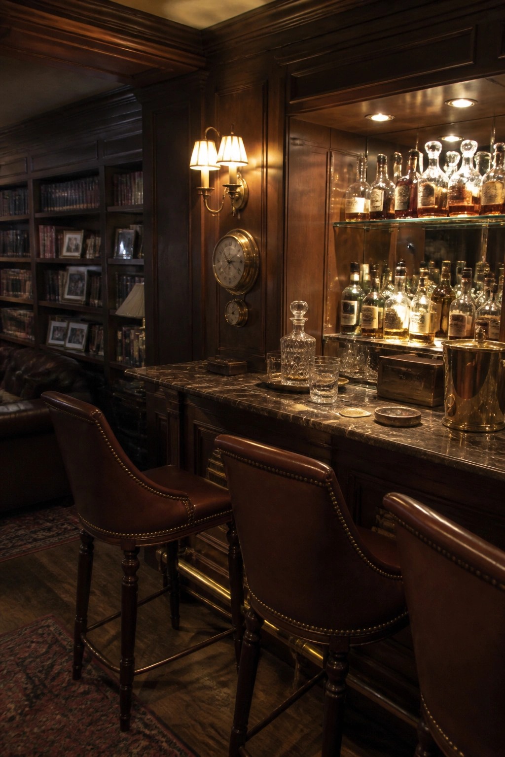 Dark wood bar with marble top, leather stools, bookshelves, and liquor bottles