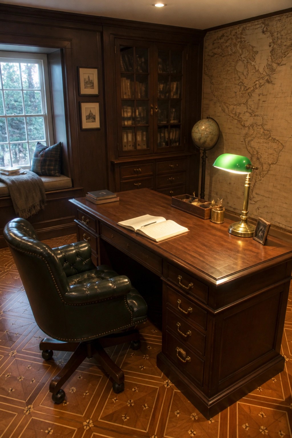 Classic wood-paneled study with dark desk, green leather chair, globe, and map wall.