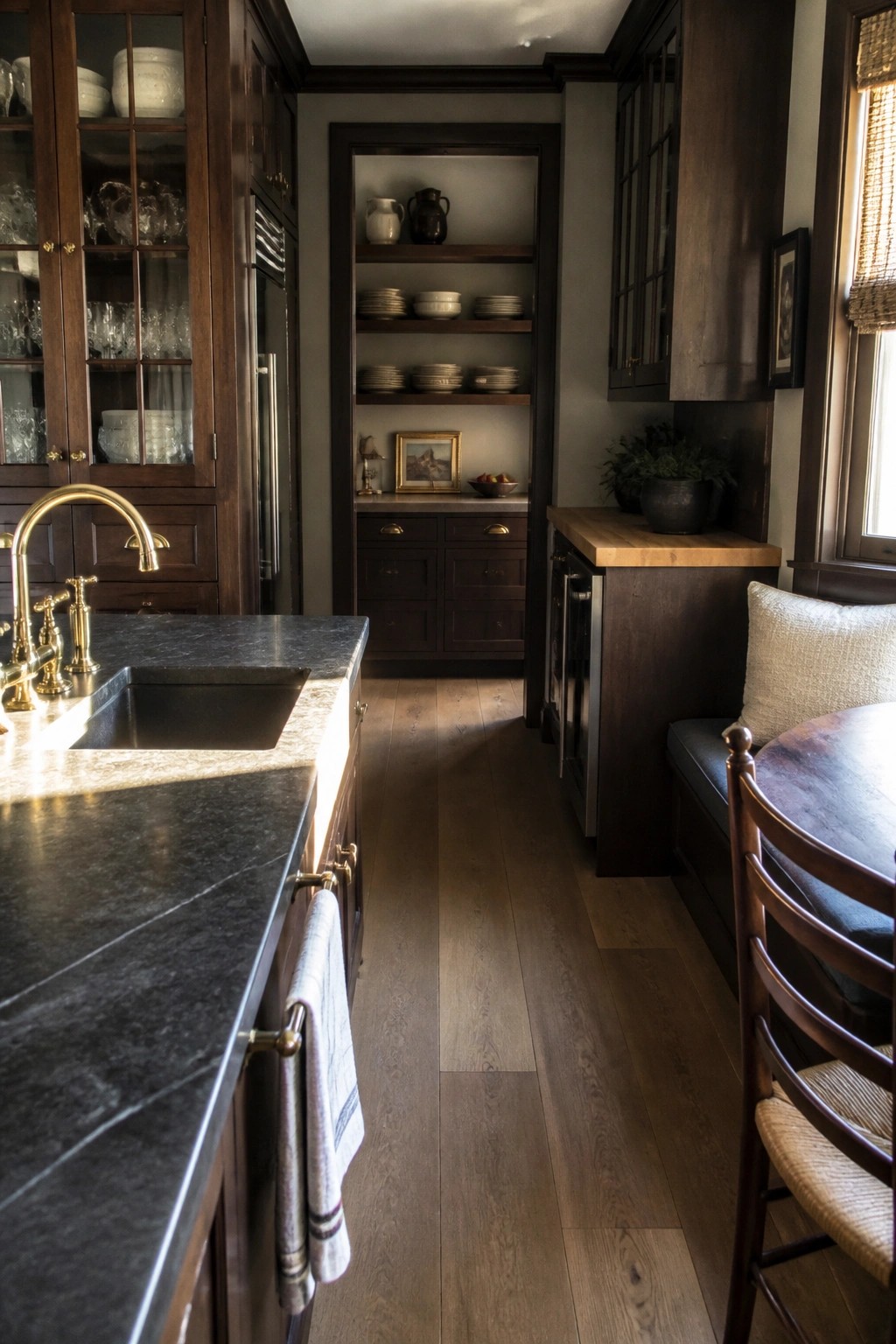 A narrow interior kitchen space featuring dark wood cabinetry, open built-in shelving with stacked white dishes and pottery, a dark stone countertop with a sink, and a wooden dining table with chairs visible on the right.