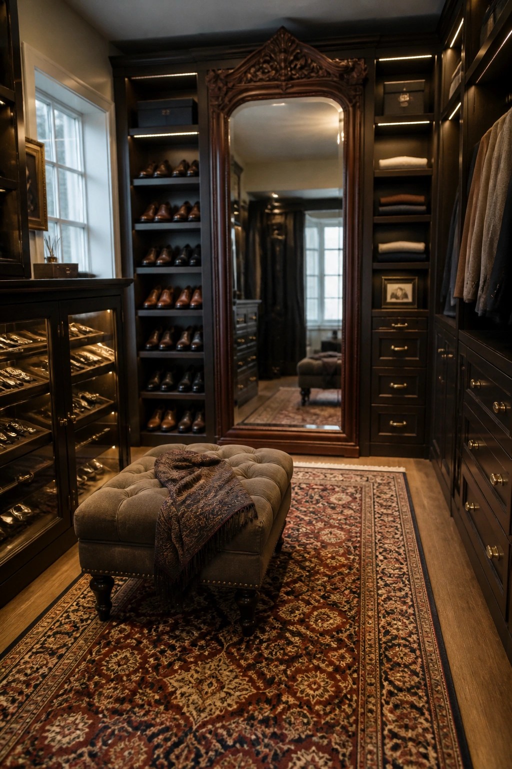 A walk-in closet lined with dark wood cabinetry and open shelves displaying rows of shoes, centered around an ornate full-length mirror with a tufted ottoman in front.