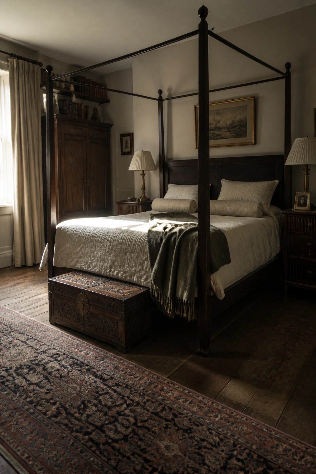 A bedroom featuring a dark wood four-poster bed with light bedding, a carved wooden chest at the foot, a tall wardrobe, and traditional nightstands with lamps.