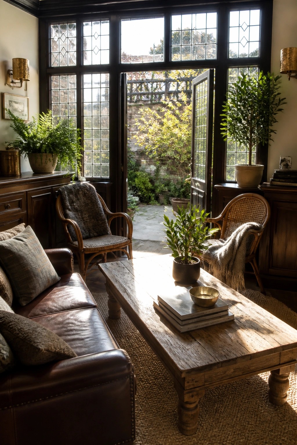 A living room with a brown leather sofa, a rustic wooden coffee table stacked with books, two rattan armchairs, dark wood cabinetry, and large glass doors opening to a garden.