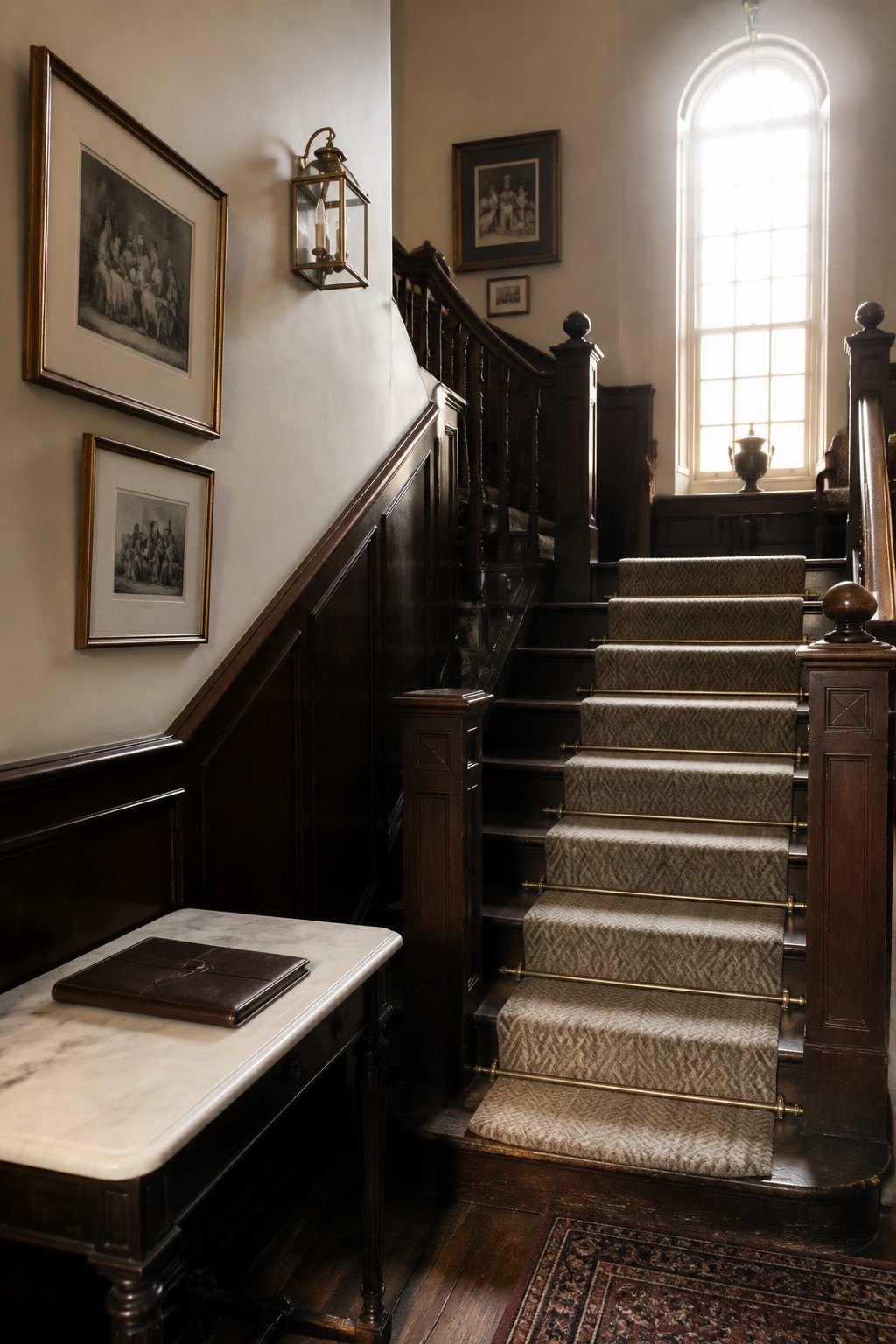 A staircase with dark wood paneling, a patterned carpet runner held by brass rods, framed prints on the wall, and a marble console table at the base.