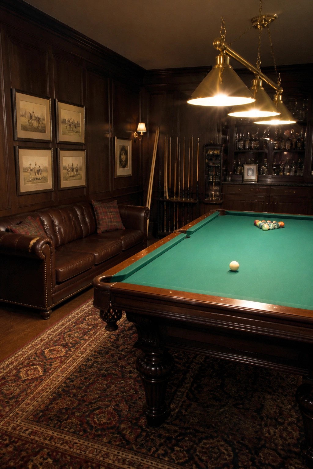 A billiards room with dark wood paneling, a green felt pool table, a brown leather sofa with plaid pillows, and brass pendant lights overhead.